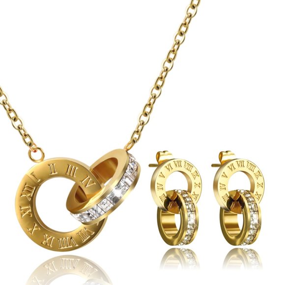 Roman Numerals Necklace & Earrings Set 18K Gold Plated - Picture 2 of 6